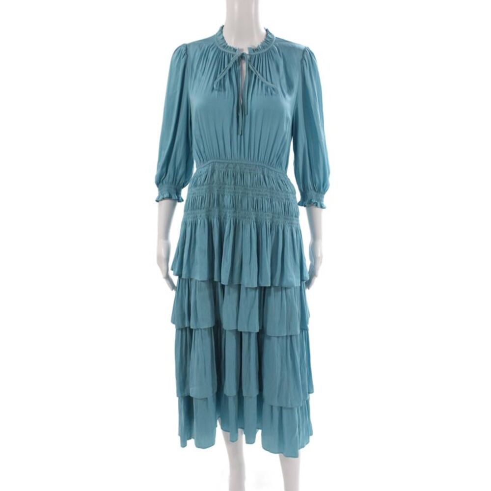 Maje Womens Blue Bohemian Maxi Dress 3/4 Sleeve Round Neck Tie Size 38